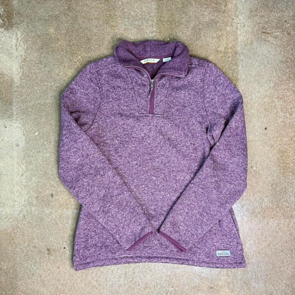 Orvis quarter zip sweater in heather purple with soft knit texture